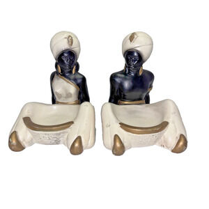 African Man & Woman Trinket Dish Ashtray Incense Art Statues '50's Chalkware